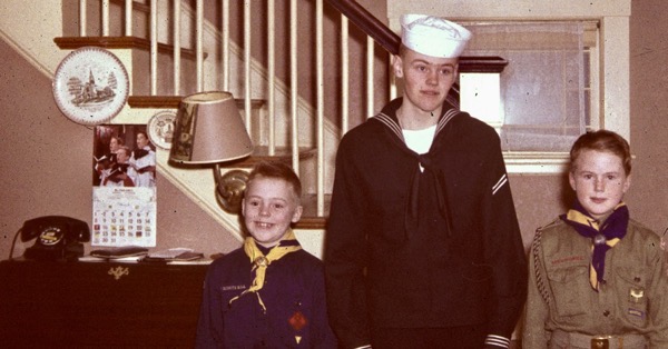 Three  Men in Uniform, March 1959, Cub Scout Andy, Navy Seaman Apprencice, Allen and Boy Scout Steve  (photo by Edwin Forrest)